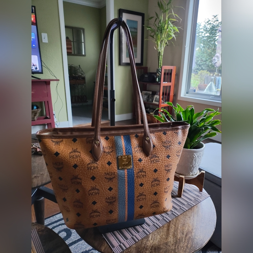 MCM Visetos Tan and Blue Women's Shopper.